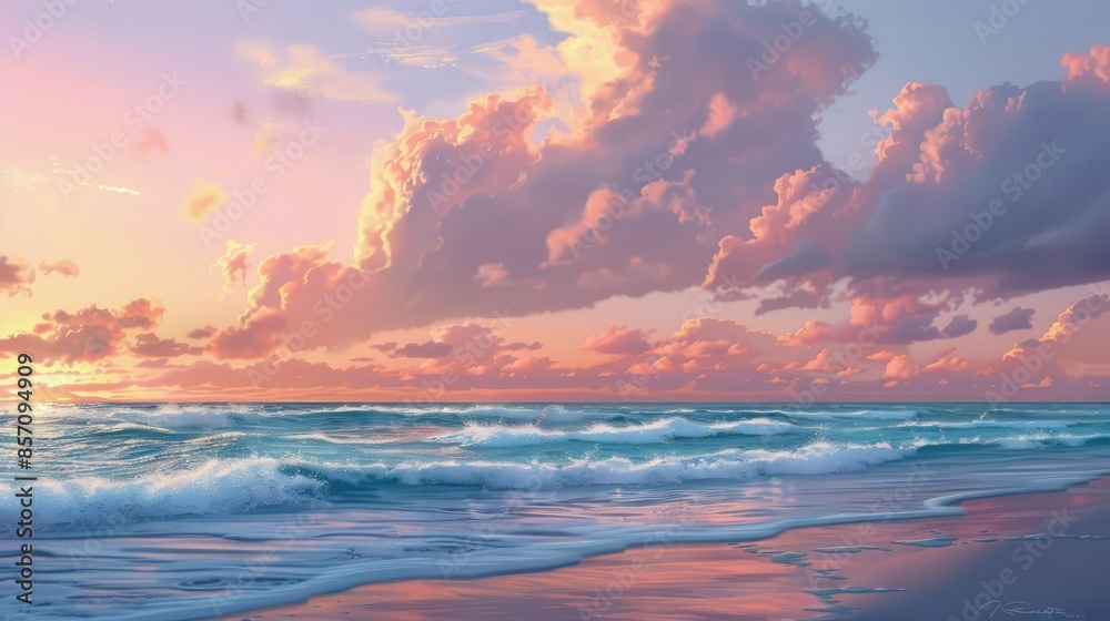 Early morning beach scene with the sun rising and clouds tinged with pink and orange hues. Early morning beach scene with the sun rising and clouds tinged with pink and orange hues.