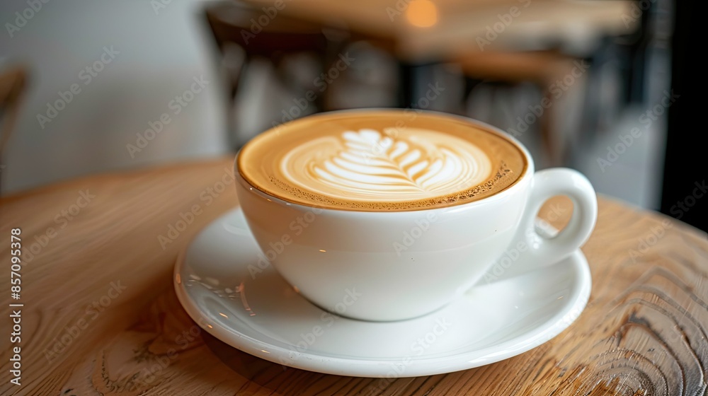 Flat white coffee with vanilla bean garnish on a wooden table in a trendy cafe, captured in a close-up shot. Flat white coffee with vanilla bean garnish on a wooden table in a trendy cafe, captured in a close-up shot.