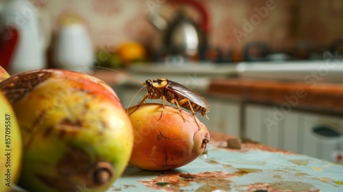 cockroach in a kitchen on top of some fruits