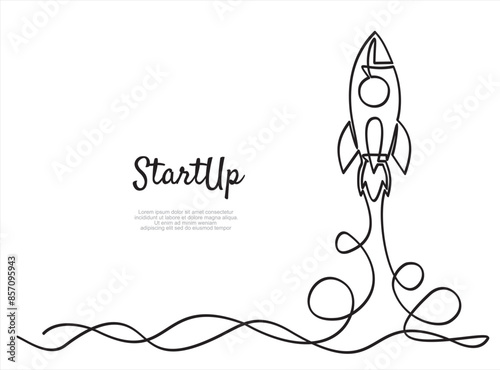 Hand drawn one line vector.One continuous line drawing of simple retro spacecraft flying up to the outer space nebula. Rocket space ship launch into universe concept. 