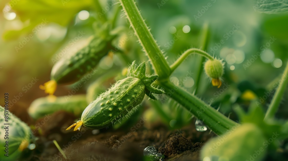 Fresh cucumbers with water droplets on vibrant green leaves. Fresh cucumbers with water droplets on vibrant green leaves.