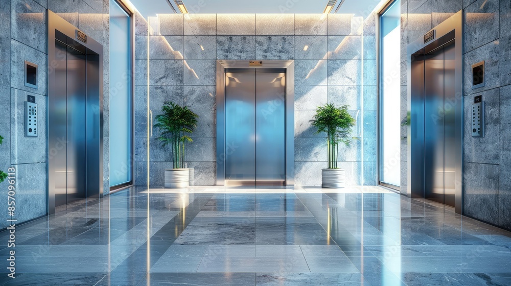 Open elevator doors in a luxurious office lobby, showcasing the sophisticated design and polished floors. Open elevator doors in a luxurious office lobby, showcasing the sophisticated design and polished floors.