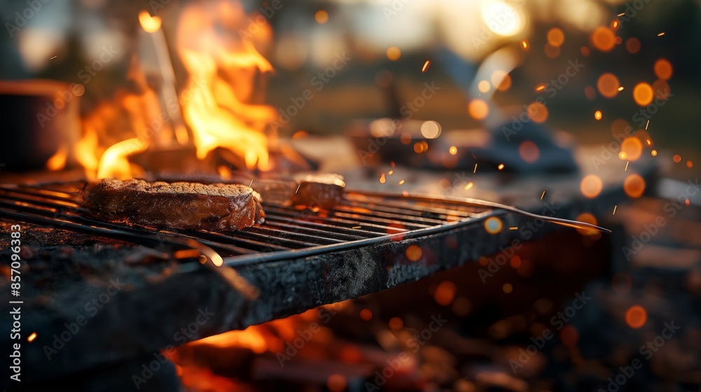 Sizzling steak grilling with fiery sunset backdrop Sizzling steak grilling with fiery sunset backdrop