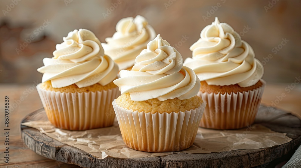 Tasty vanilla cupcakes with swirls of cream frosting, beautifully arranged on a rustic table, ideal for bakery promotions. Tasty vanilla cupcakes with swirls of cream frosting, beautifully arranged on a rustic table, ideal for bakery promotions.