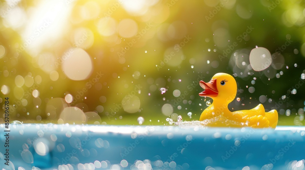 A toy duck splashing in a kiddie pool on a sunny day with bokeh background.