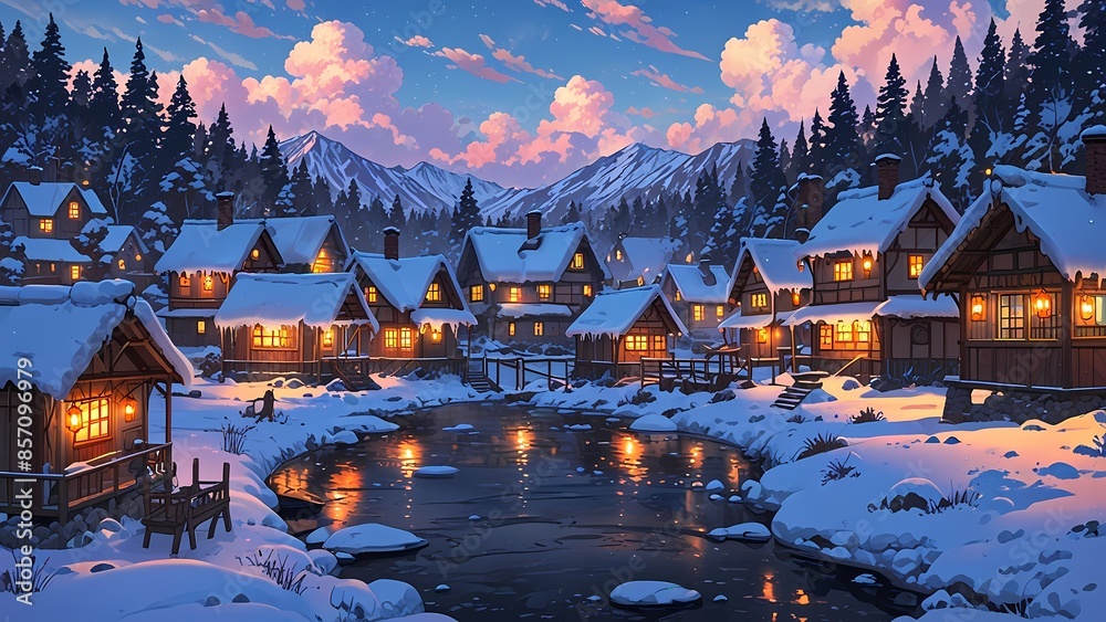 A village blanketed in snow Anime style illustration, anime flat art, background landscape, scene A village blanketed in snow Anime style illustration, anime flat art, background landscape, scene