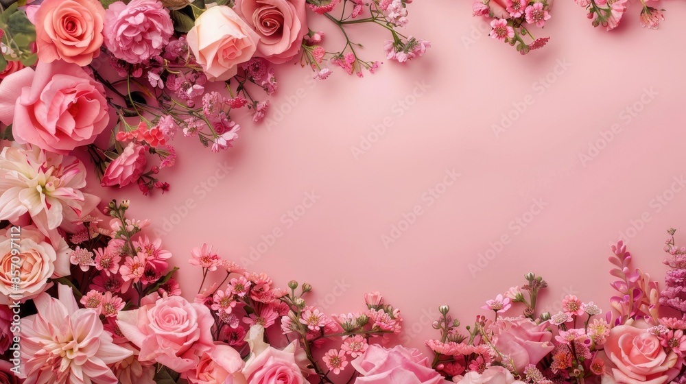 Obraz premium Pink flower arrangement with a pink flower border on a pink backdrop Overhead view with space for writing