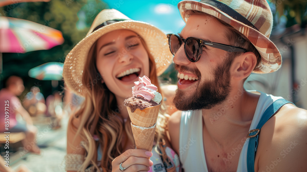 Happy couple enjoying ice cream on a sunny summer day. Happy couple enjoying ice cream on a sunny summer day.