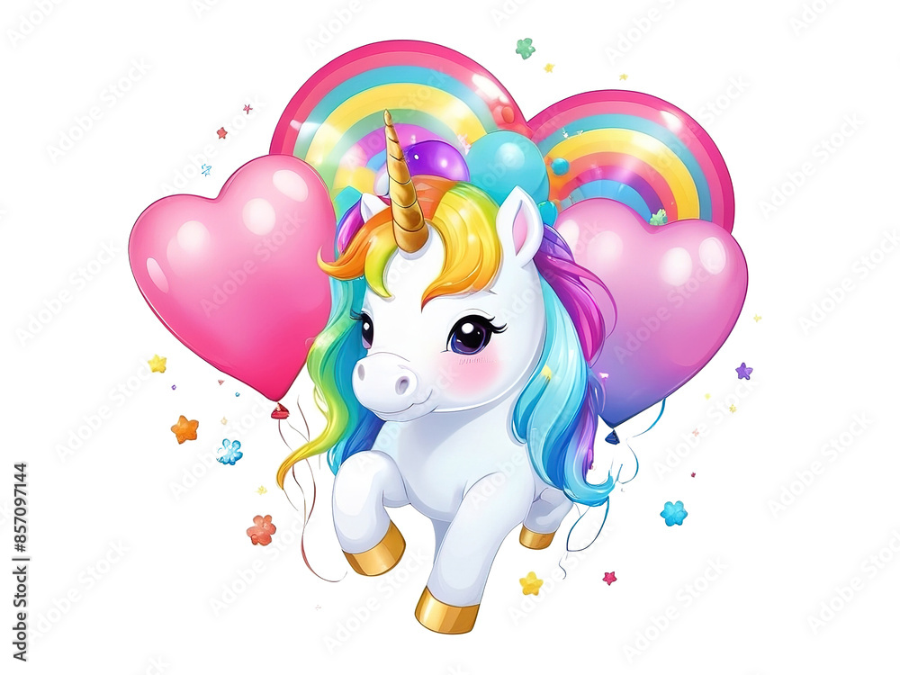 Cute fantasy unicorn with balloons, has rainbow hair. Draw  illustration. Isolated transparent background