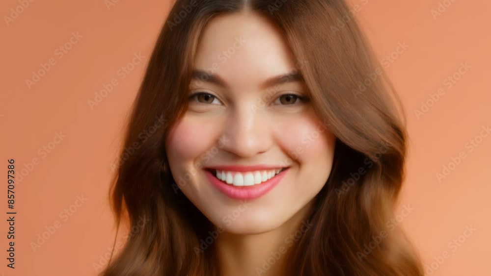 Caucasian beautiful young woman with smooth, clear, glowing skin and brown hair smiling against a peach background. Concept of happiness, beauty, youth, positive emotions, skincare. Copy space. Caucasian beautiful young woman with smooth, clear, glowing skin and brown hair smiling against a peach background. Concept of happiness, beauty, youth, positive emotions, skincare. Copy space.