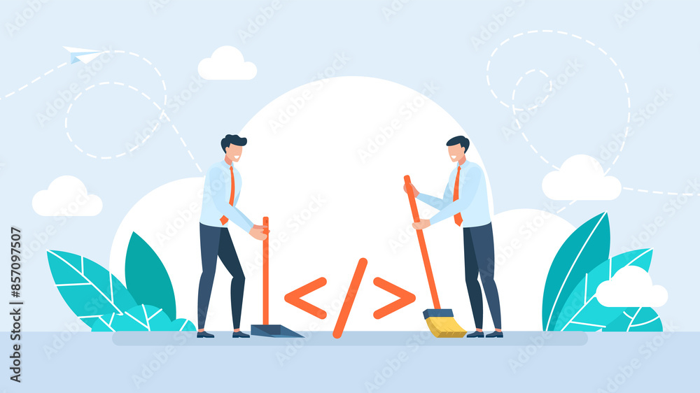 Tiny characters programmers sweep up and throw away bad code. Antivirus Scanning, Malware Fixing, Virus Attack, Trojan Search, Bugs Detection. System Protection. Flat Illustration Tiny characters programmers sweep up and throw away bad code. Antivirus Scanning, Malware Fixing, Virus Attack, Trojan Search, Bugs Detection. System Protection. Flat Illustration