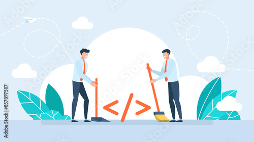 Tiny characters programmers sweep up and throw away bad code. Antivirus Scanning, Malware Fixing, Virus Attack, Trojan Search, Bugs Detection. System Protection. Flat Illustration © Yurii