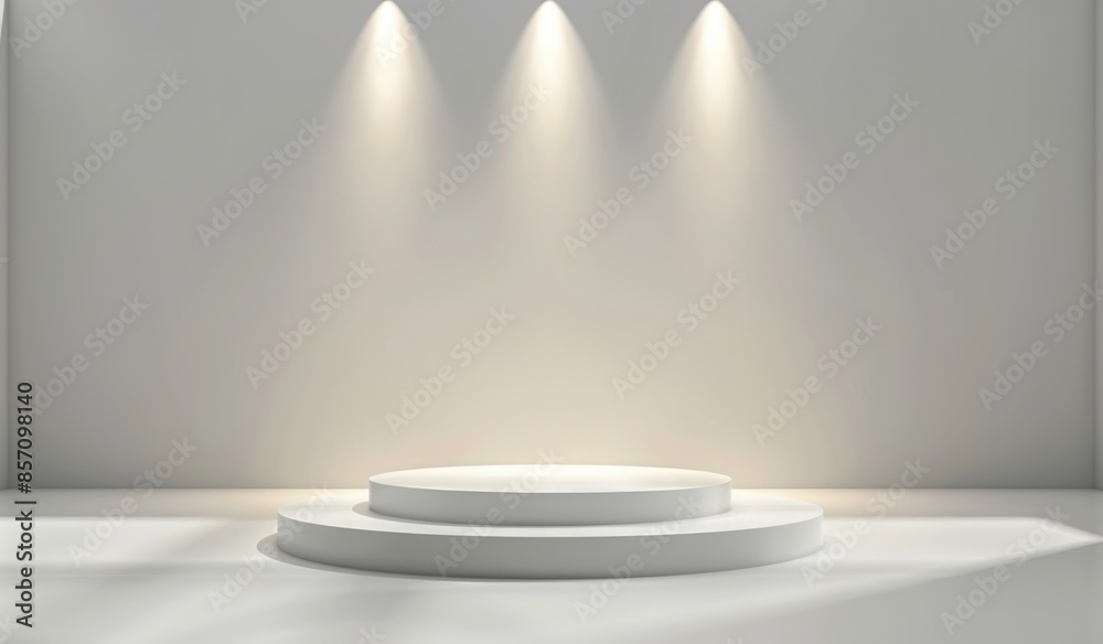 Abstract white room with empty podium for product presentation, light from above. Abstract white room with empty podium for product presentation, light from above.