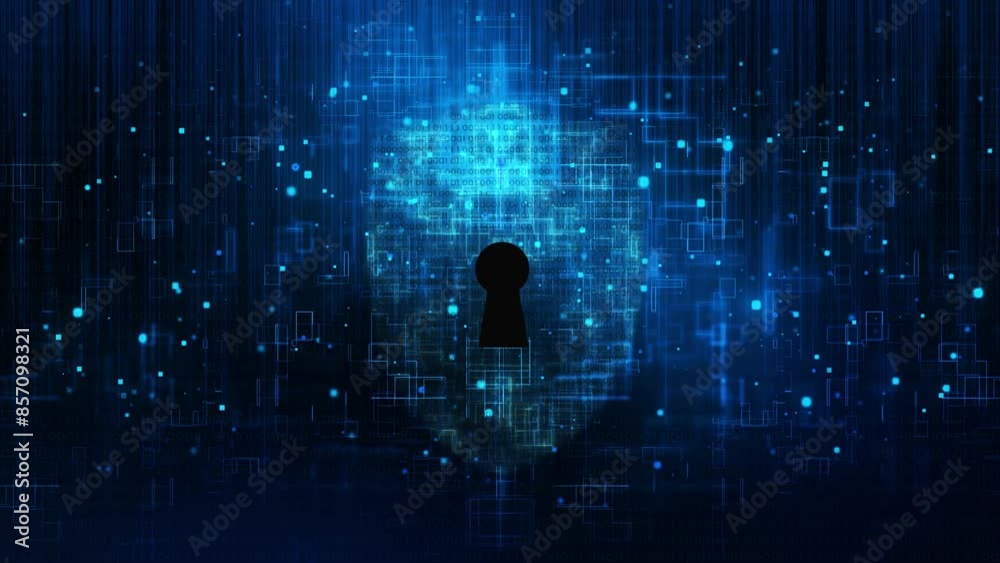 Visualization of a shield with binary code and glitch effects around it. The dark blue background emphasizes the digital theme, showcasing the concepts of cybersecurity and hacking prevention.