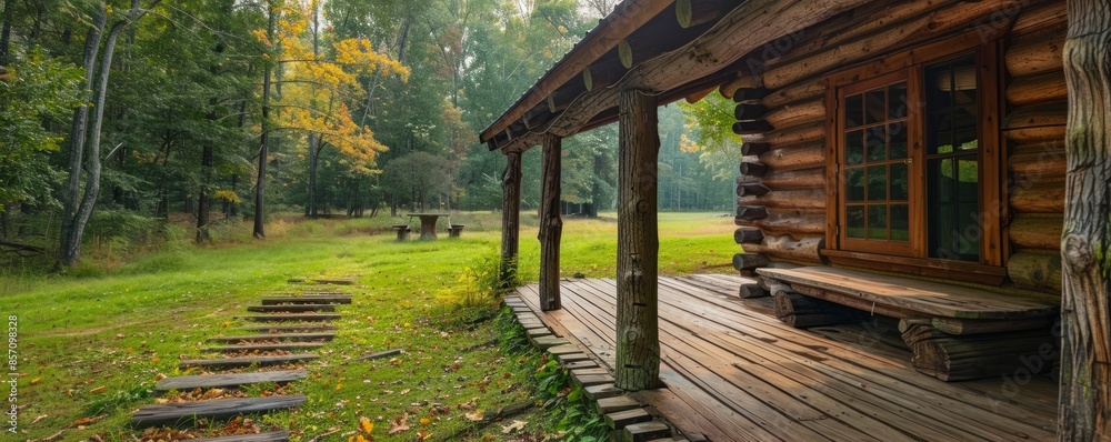 Obraz premium Traditional log cabin with a covered porch.