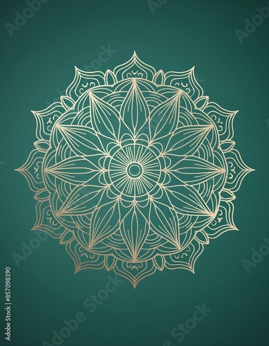 Elevate your visuals with an elegant mandala rangoli featuring golden lines and a dark green backdrop.
