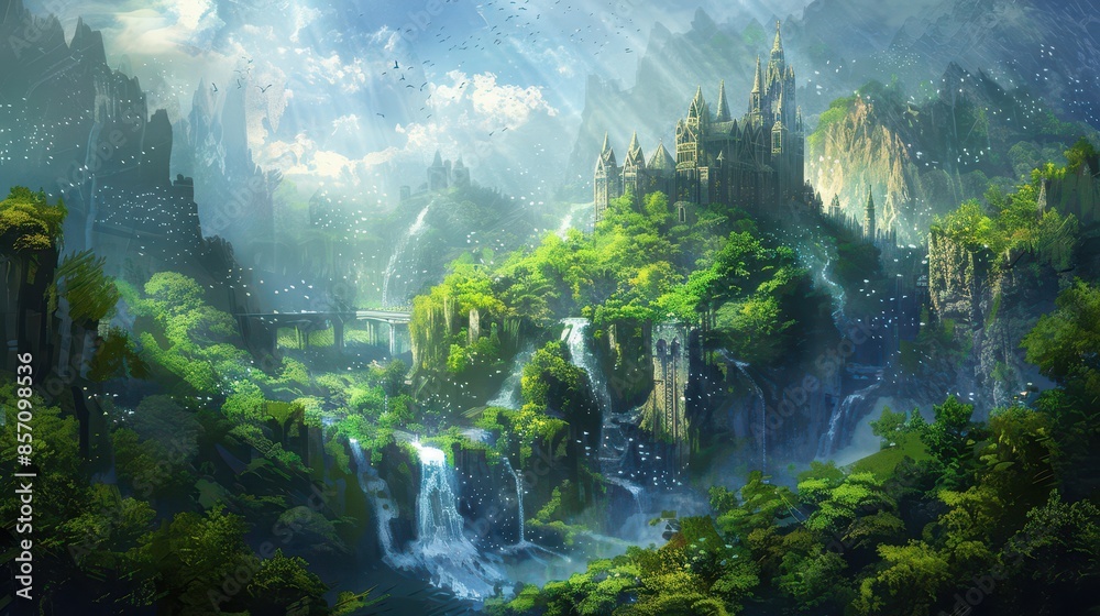 A fantasy kingdom with towering castles and lush greenery, illustration background A fantasy kingdom with towering castles and lush greenery, illustration background