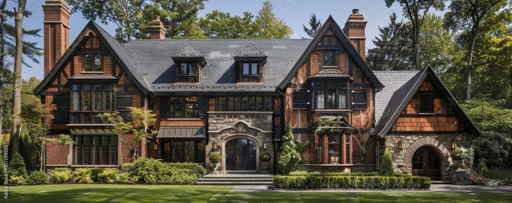 Tudor-style house with timber framing and steep roof. Tudor-style house with timber framing and steep roof.