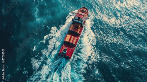 Aerial top view of a cargo ship carrying containers at sea.