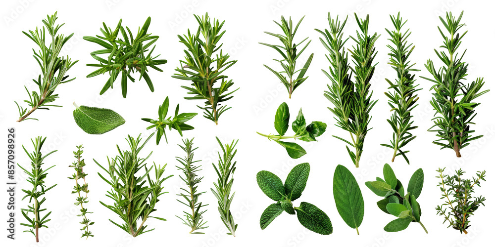 Obraz premium Set of Healthy Herbs: Fresh Rosemary Set Isolated on Transparent or White Background, PNG