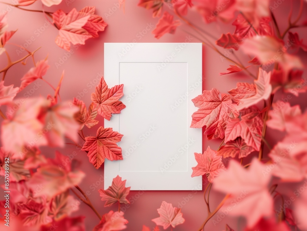 Obraz premium White frame surrounded by autumn leaves on red backdrop.