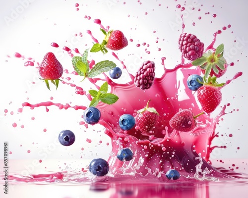 Dynamic image of mixed berries and mint leaves splashing into vibrant juice, creating a refreshing and colorful scene.