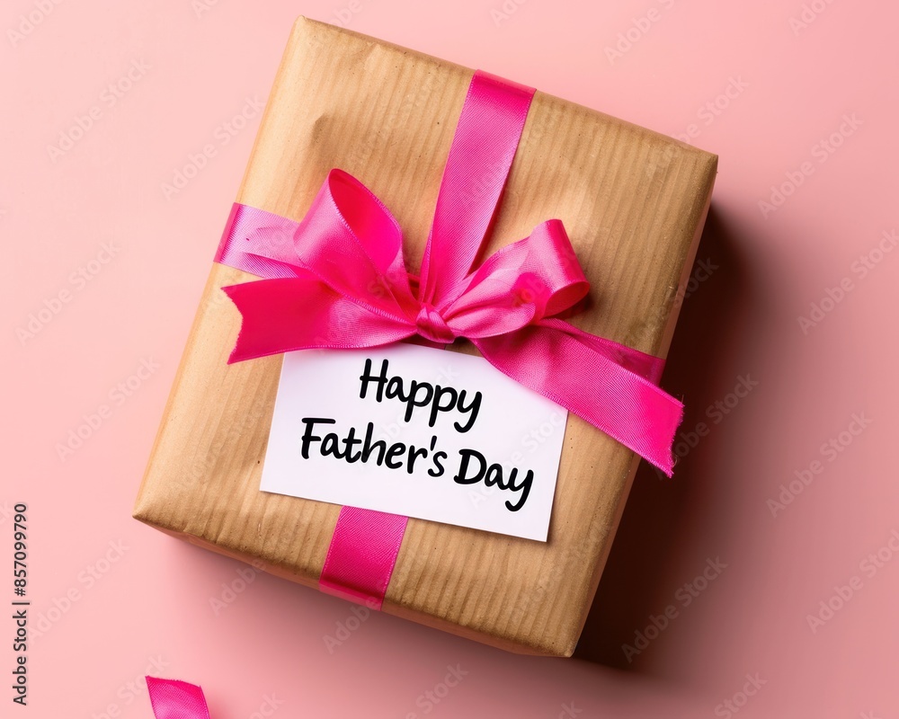 A brown gift box with a pink ribbon and