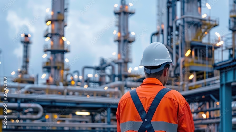 Engineer inspecting in industrial oil refinery, stand with back Industry 4.0 concept, Background blurred concept Engineer inspecting in industrial oil refinery, stand with back Industry 4.0 concept, Background blurred concept