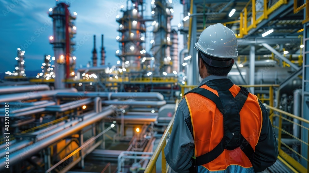 Engineer inspecting in industrial oil refinery, stand with back Industry 4.0 concept, Background blurred concept Engineer inspecting in industrial oil refinery, stand with back Industry 4.0 concept, Background blurred concept