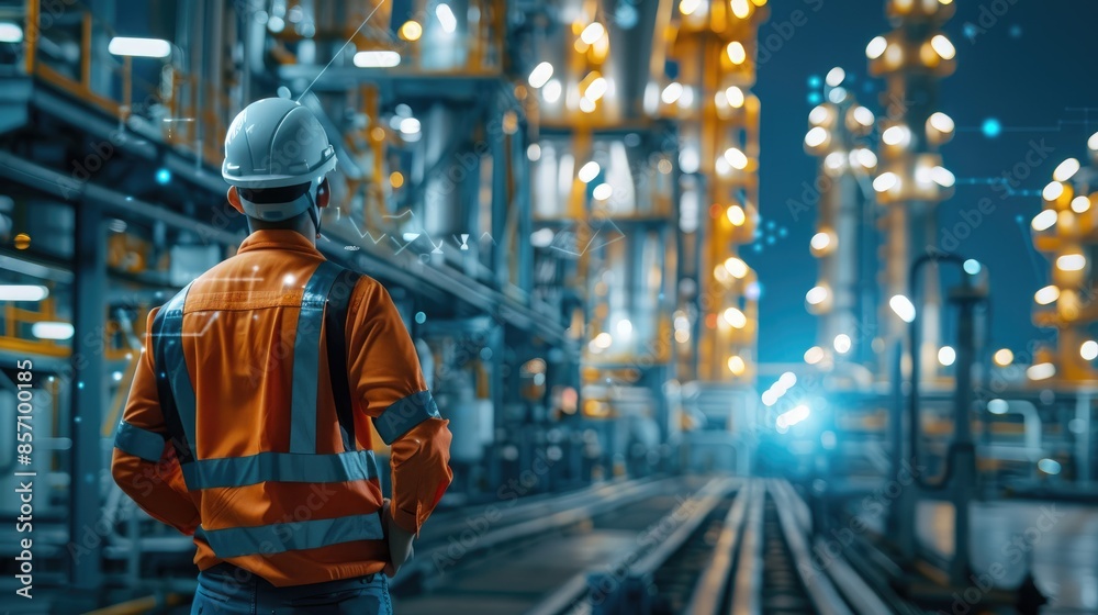 Engineer inspecting in industrial oil refinery, stand with back Industry 4.0 concept, Background blurred concept Engineer inspecting in industrial oil refinery, stand with back Industry 4.0 concept, Background blurred concept