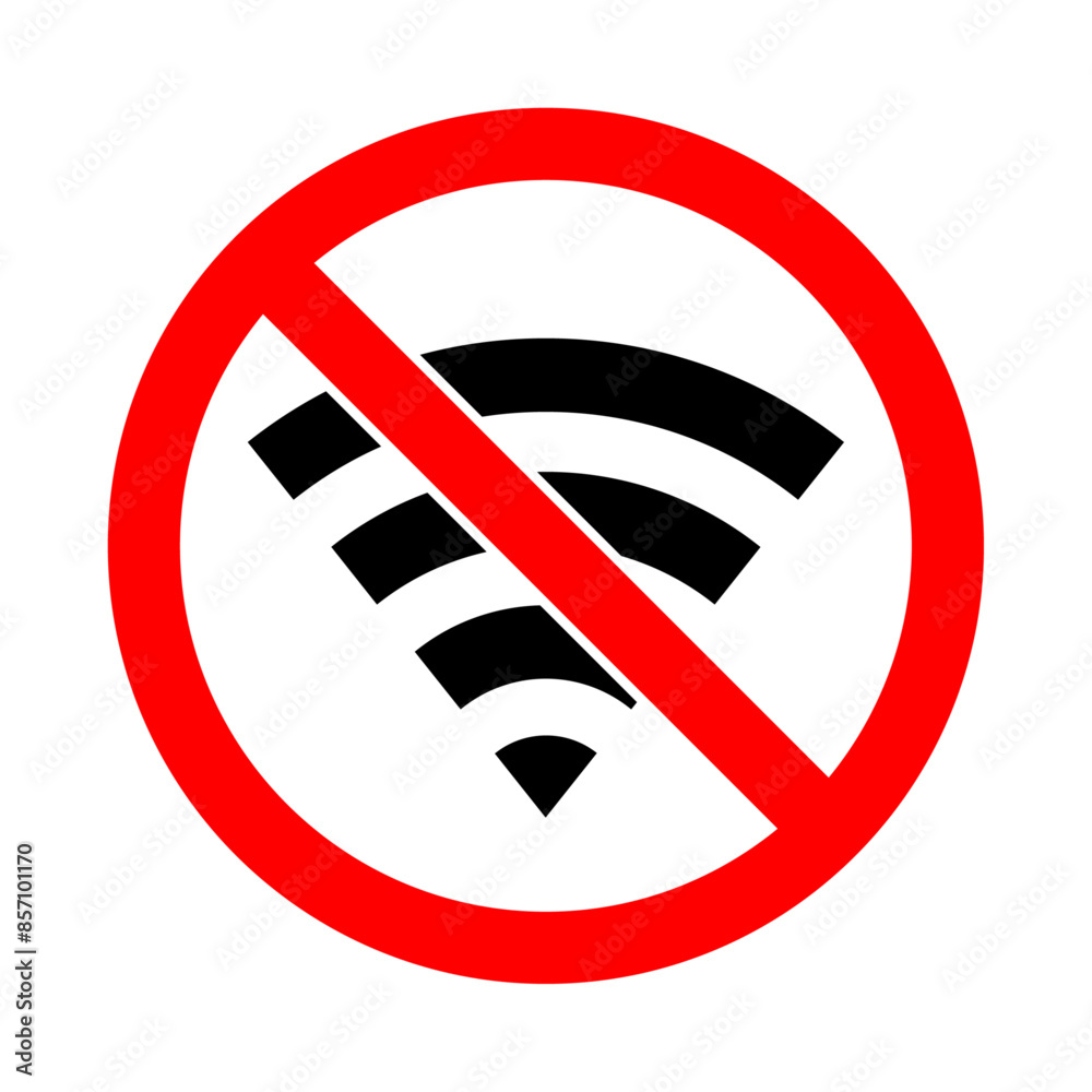 Wifi prohibited symbol red ban round sign with wifi icon vector illustration in black and red color. No wifi signal icon set. Forbidden wifi. Internet service ban icon. Network signal error sign. Wifi prohibited symbol red ban round sign with wifi icon vector illustration in black and red color. No wifi signal icon set. Forbidden wifi. Internet service ban icon. Network signal error sign.