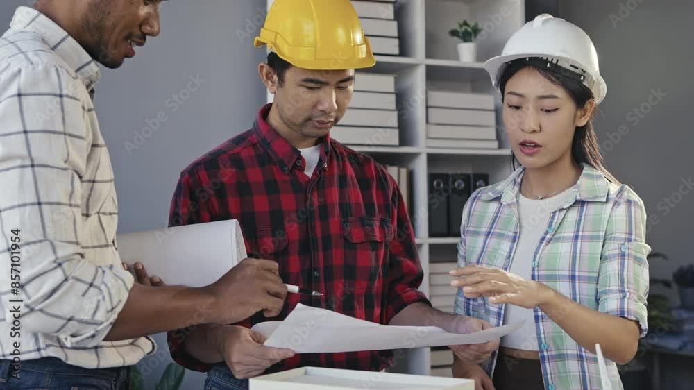 Construction professionals analyzing blueprints and discussing project plans in an office setting. Team collaboration and planning for building project Construction professionals analyzing blueprints and discussing project plans in an office setting. Team collaboration and planning for building project