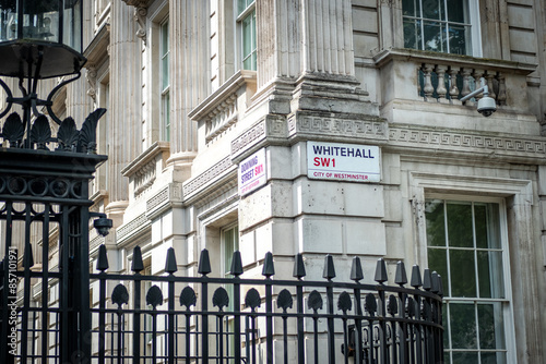 LONDON- Whitehall and Downing Street sign, the headquarters of the government of the United Kingdom photo