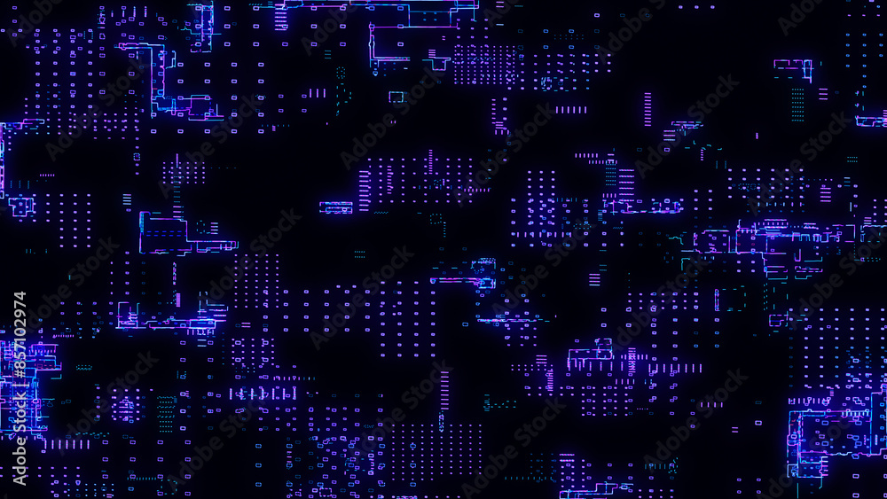 Printed circuit board. Visualization of advanced technology concept: PCB processor microchip, digitization of neural networks and cloud computing. Digital lines transmit data. Electronic computer Printed circuit board. Visualization of advanced technology concept: PCB processor microchip, digitization of neural networks and cloud computing. Digital lines transmit data. Electronic computer