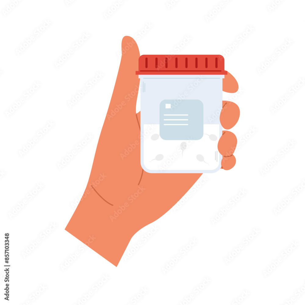 Urine analysis. Hand holds container with semen sample. Plastic containers with biomaterial Urine analysis. Hand holds container with semen sample. Plastic containers with biomaterial
