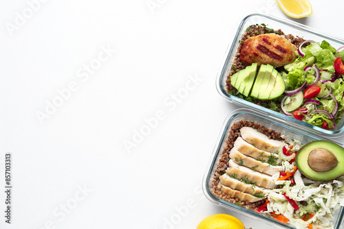 Healthy meal. Different products on white background, flat lay. Space for text