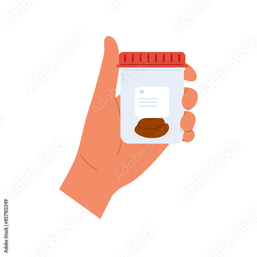 Urine analysis. Hand holds container with stool sample. Plastic containers with biomaterial