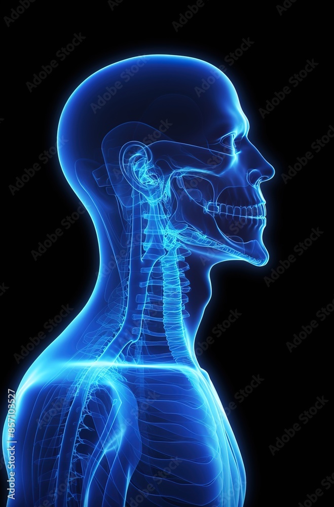 A 3D rendering of an X-ray showing a lateral or profile view of the oropharynx with male body contours, focusing on human anatomy, medicine, biology, science, and healthcare concepts.

