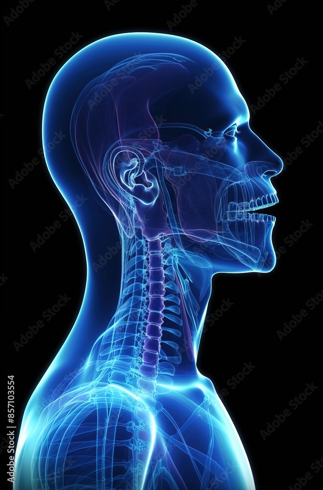 A 3D rendering of an X-ray showing a lateral or profile view of the oropharynx with male body contours, focusing on human anatomy, medicine, biology, science, and healthcare concepts.
A 3D rendering of an X-ray showing a lateral or profile view of the oropharynx with male body contours, focusing on human anatomy, medicine, biology, science, and healthcare concepts.