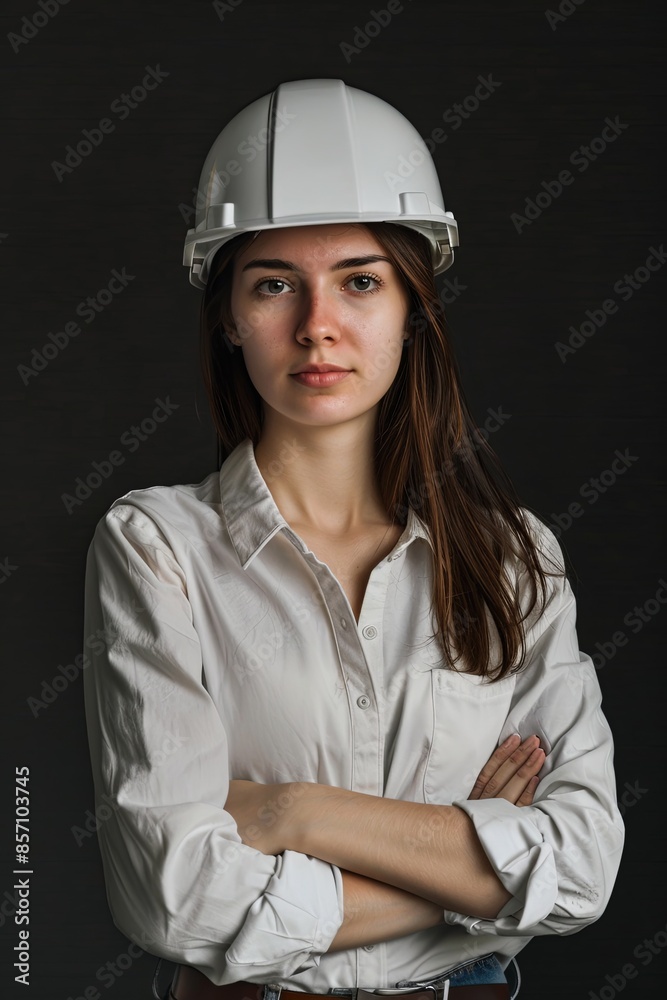 Professional female engineer posing confidently on a solid background in a studio. Professional female engineer posing confidently on a solid background in a studio.