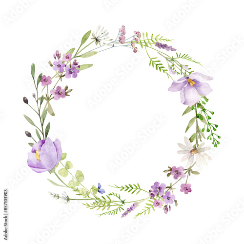 round frame with wildflowers and herbs.floral wreath.