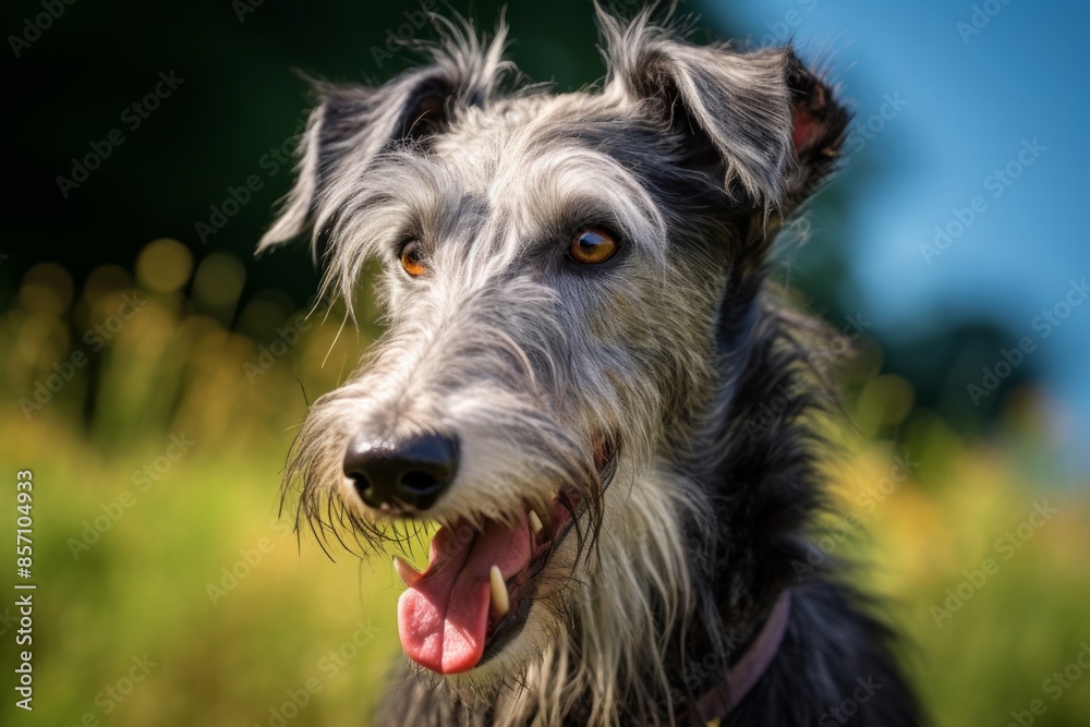 Fototapeta premium Portrait of a smiling scottish deerhound over solid color backdrop