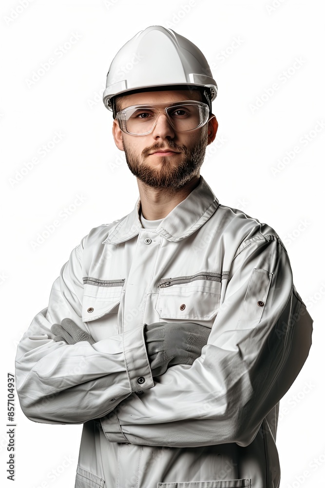 Engineer showcasing flyer design in image, white background Engineer showcasing flyer design in image, white background