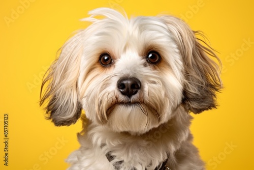 Portrait of a cute lowchen dog over solid color backdrop