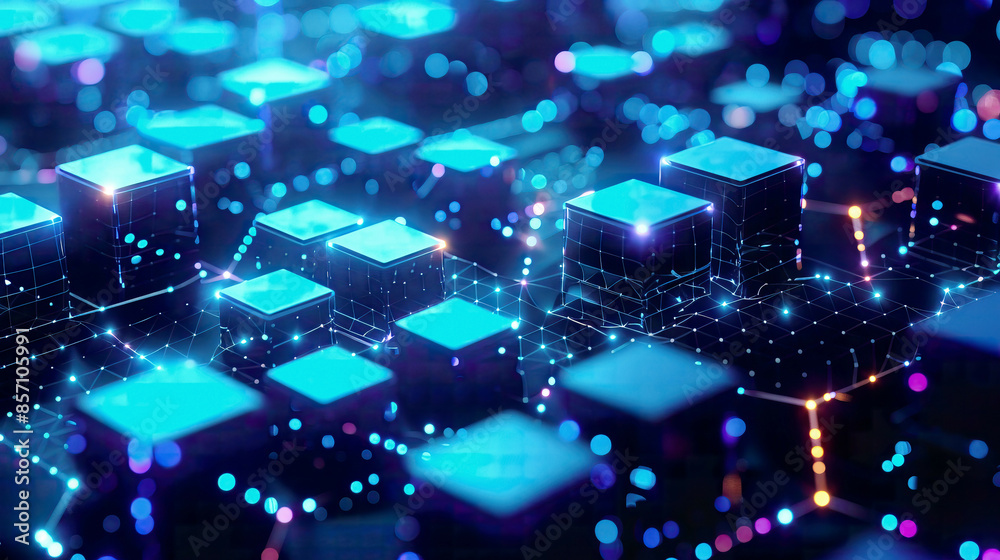 Blockchain ecosystem interconnected nodes glowing blue Blockchain ecosystem interconnected nodes glowing blue