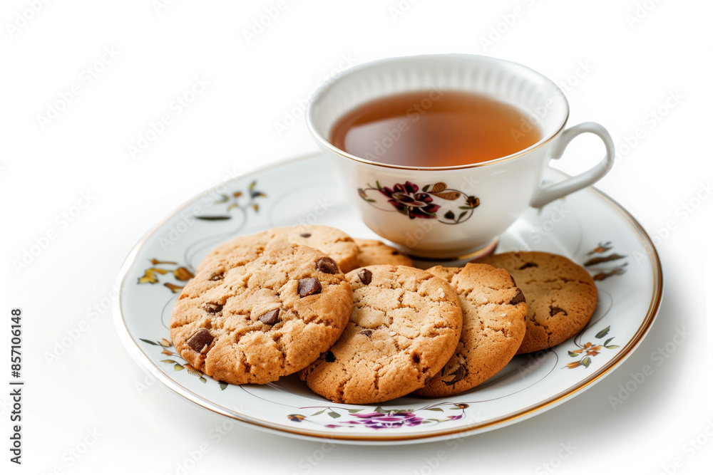 Cookies and a cup of tee on a plate isolated on a white background. Created with Generative AI technology. Cookies and a cup of tee on a plate isolated on a white background. Created with Generative AI technology.