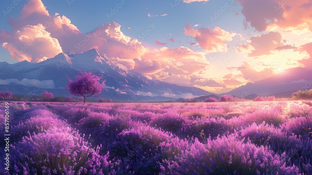 Picturesque Purple Field at Sunset With Snowy Mountain Range Picturesque Purple Field at Sunset With Snowy Mountain Range