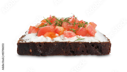 Delicious bruschetta with fresh ricotta (cream cheese), tomato and dill isolated on white