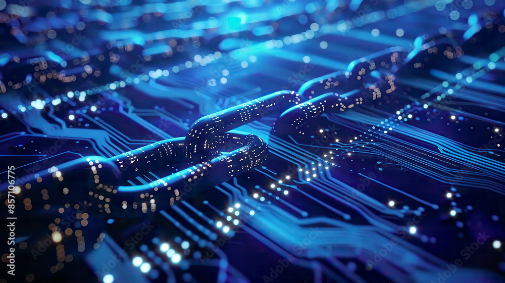 Blockchain technology concept chain in form of a PC circuit board with a CPU blue futuristic backgroundglowing digital elements Blockchain technology concept chain in form of a PC circuit board with a CPU blue futuristic backgroundglowing digital elements