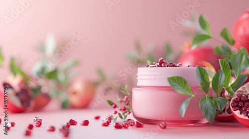 Elegant cosmetic cream jar with pomegranate and green leaves.